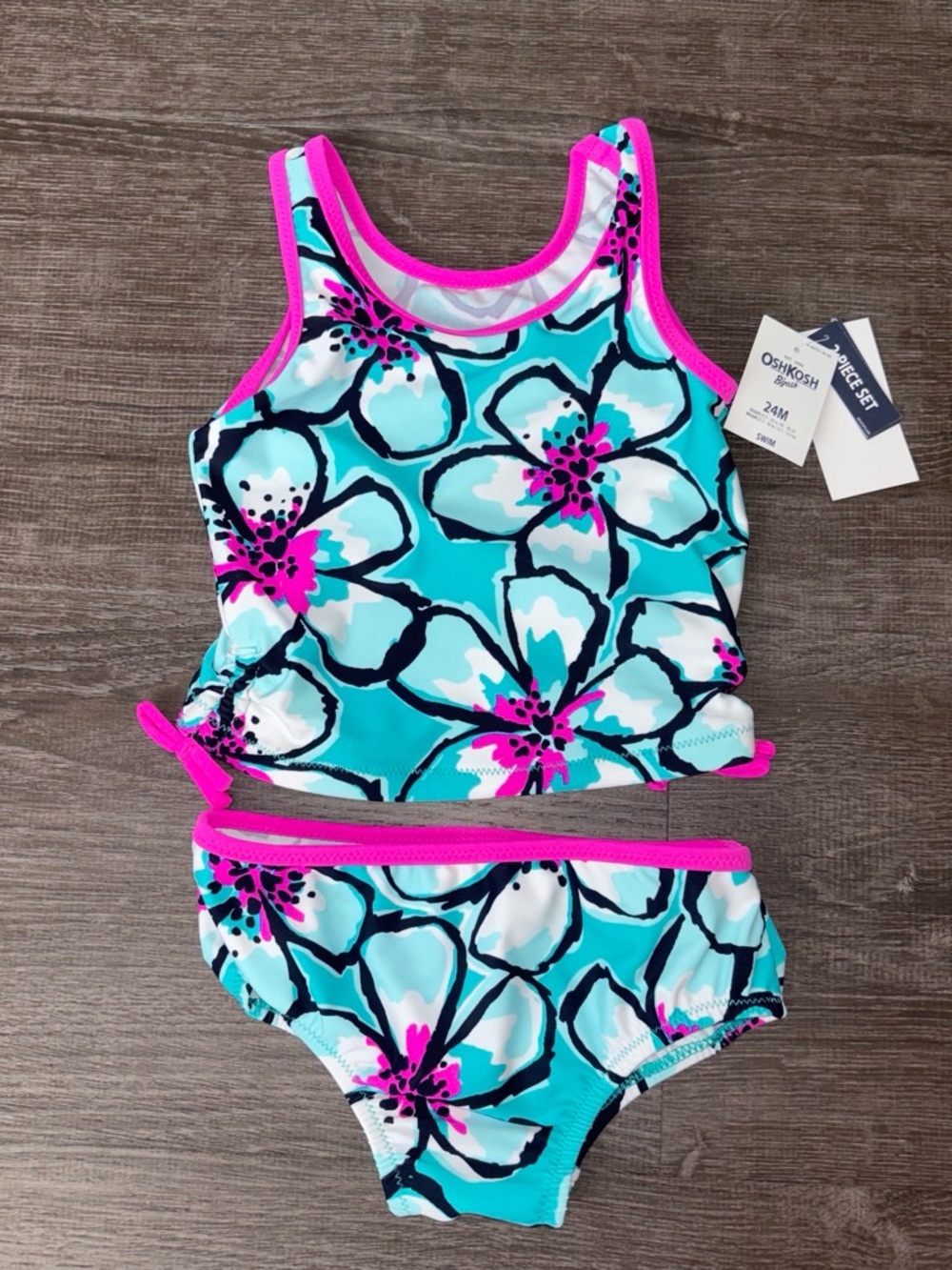 OshKosh B'gosh Turquoise Floral Two-Piece Swim Set with Hot Pink Trim